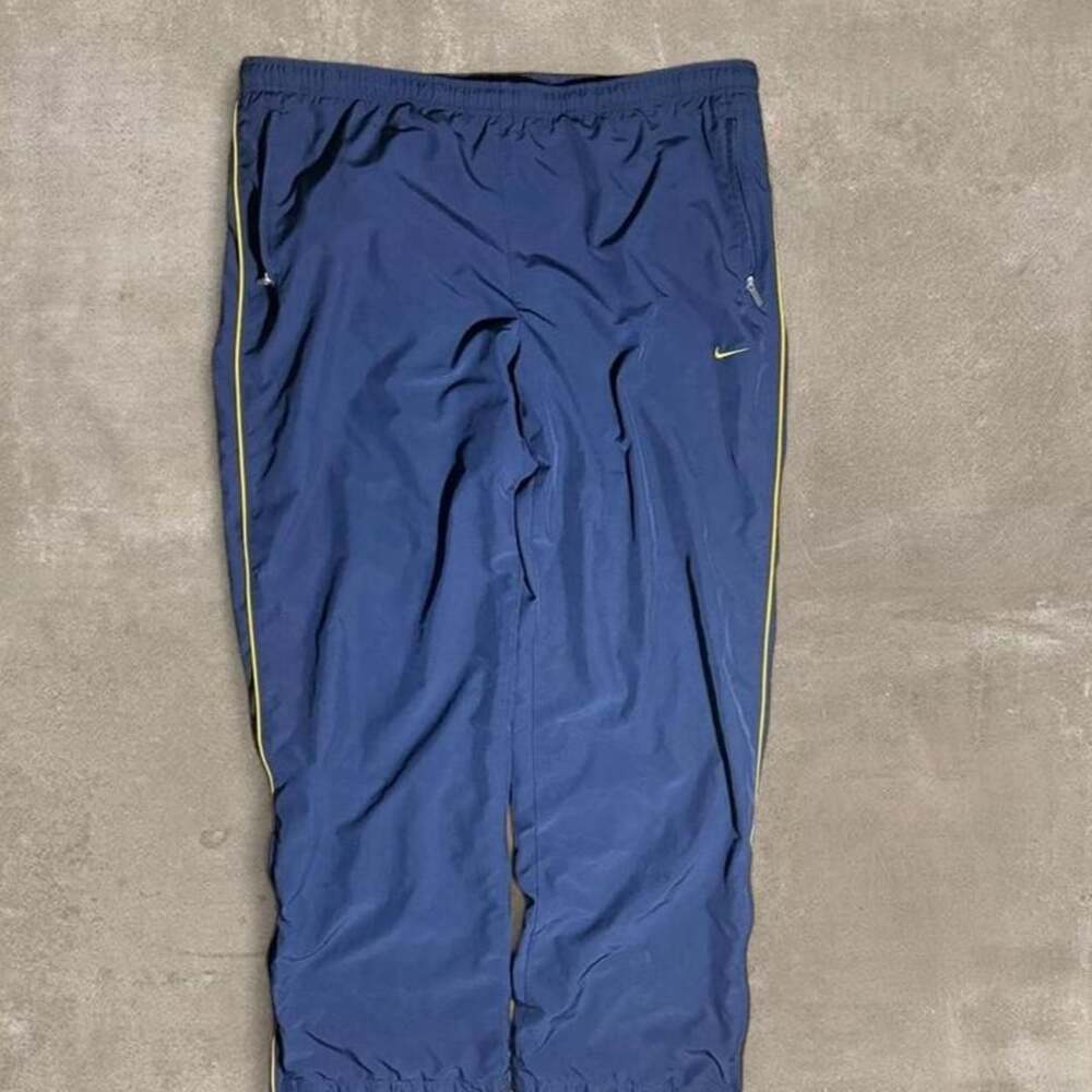 Vintage Nike Track Pants Navy Blue Yellow Stripe Y2K Warm Up Athletic Pants